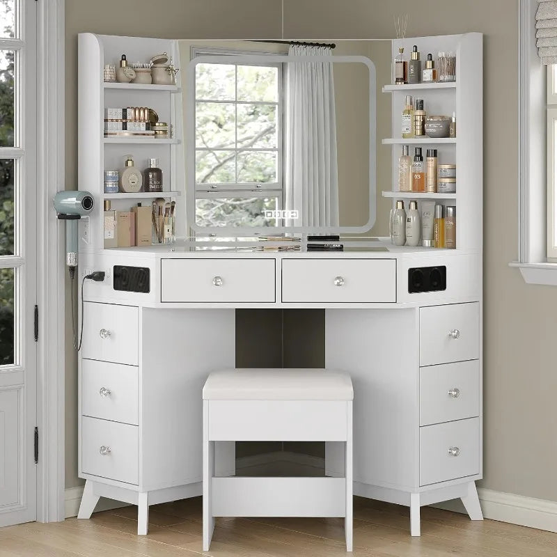 Modern Glass top Corner Vanity Desk with Buil-in Speaker