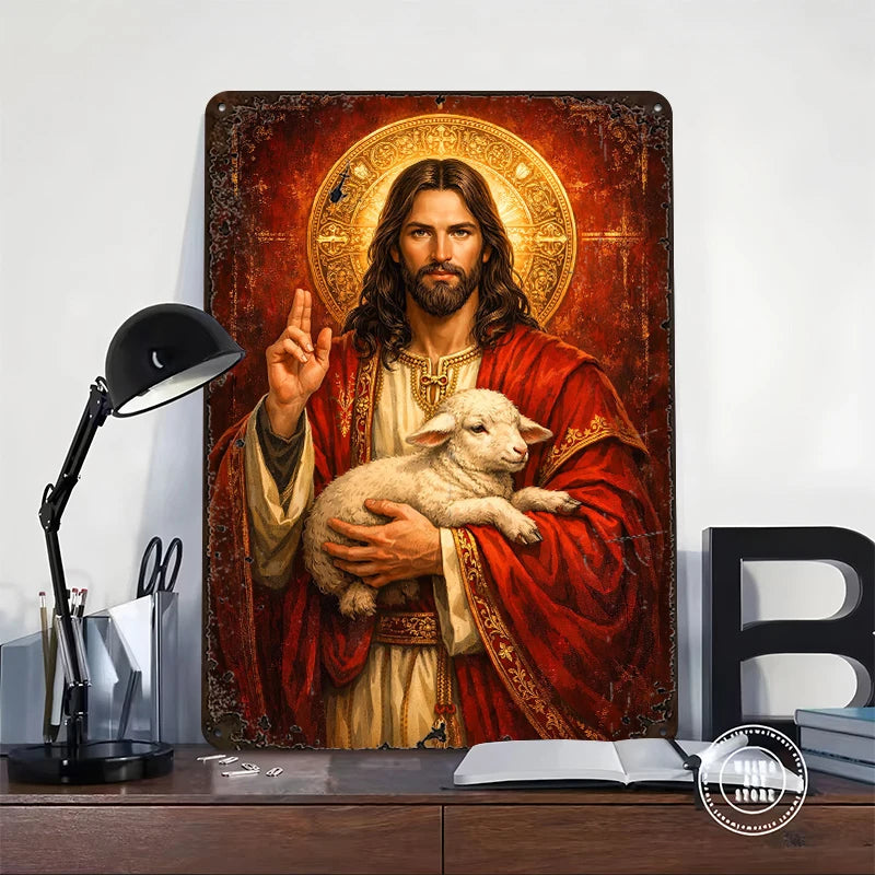 Jesus Christ Holding a Lamb Tinplate Poster Wall Art