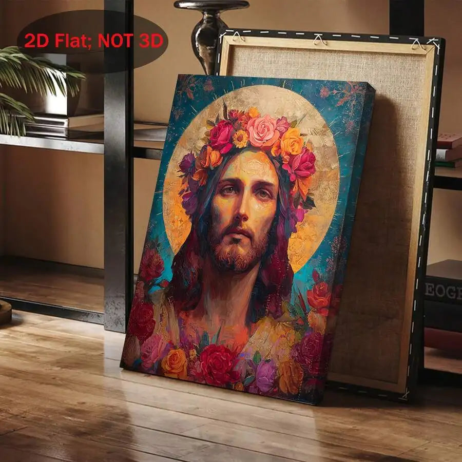 2D Flat Canvas Art Portrait With Floral Crown Sacred Religious Wall Decor