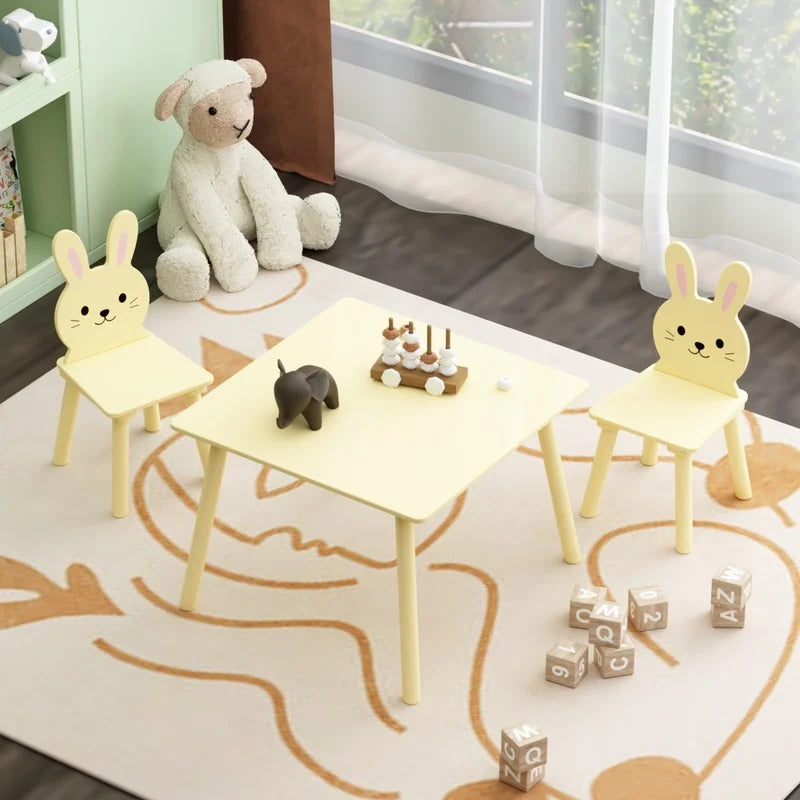 Cream Yellow Wooden Activity Table with 2 Bunny Chairs for Toddlers
