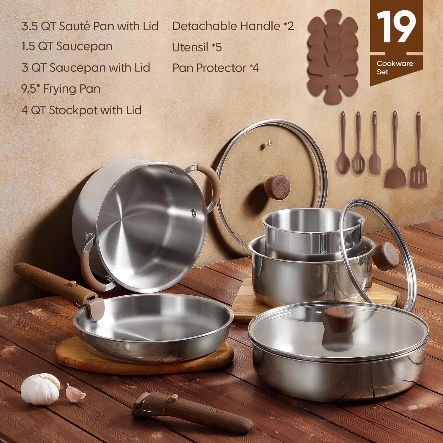 19pcs Stainless Steel Cookware Set with Detachable Handle