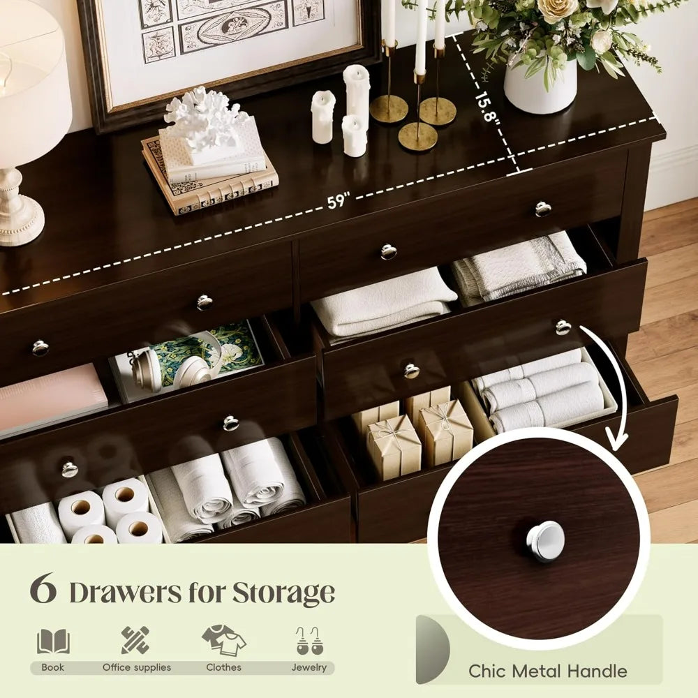 Dresser for Bedroom, 6 Wood Dresser Drawers