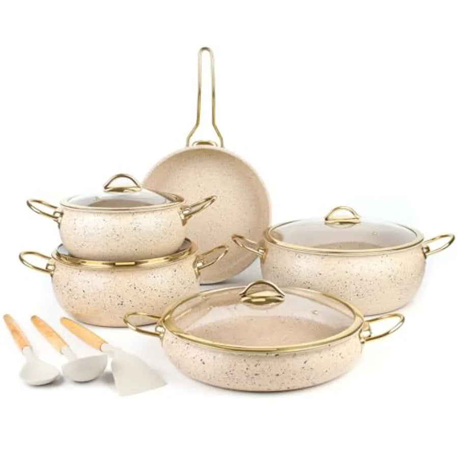 Beige 5-Ply Stainless Steel Cookware Set 12Pcs Nonstick Pots and Pans