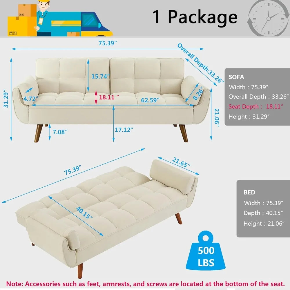 Convertible Sofa Bed Twin Size Linen Futon Couch with Adjustable Backrest