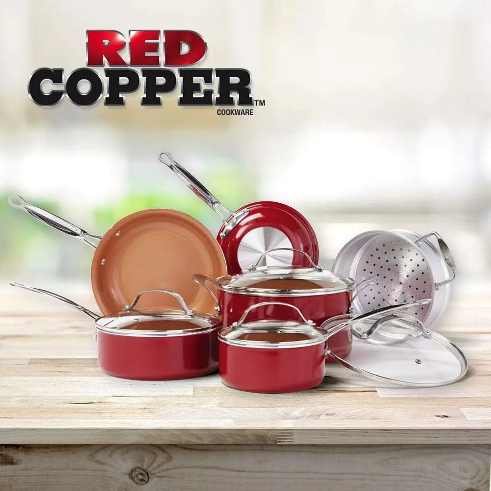 10 Pcs Red Copper Cookware Set Copper-Infused Ceramic Non-Stick Pots Pans Kitchen Cooking Tools