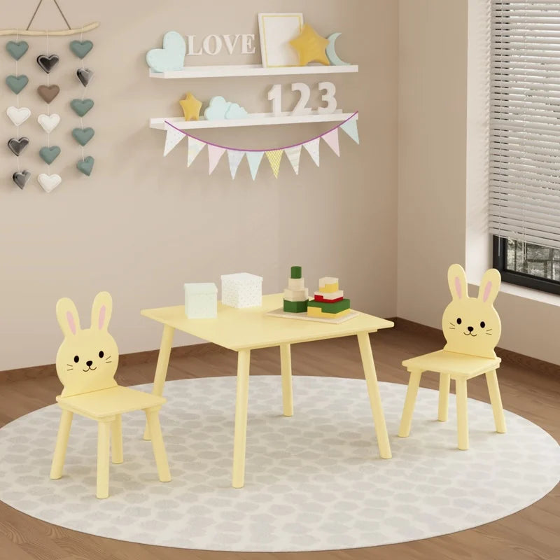 Cream Yellow Wooden Activity Table with 2 Bunny Chairs for Toddlers