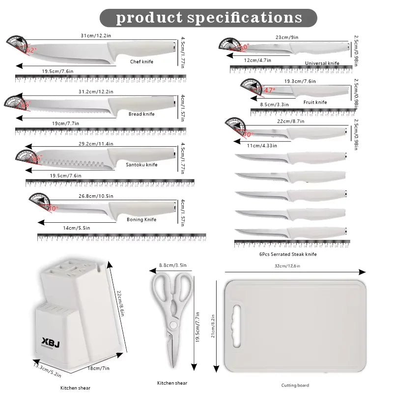 15 Pcs Stainless Steel Kitchen Knife Set with Block & Cutting Board