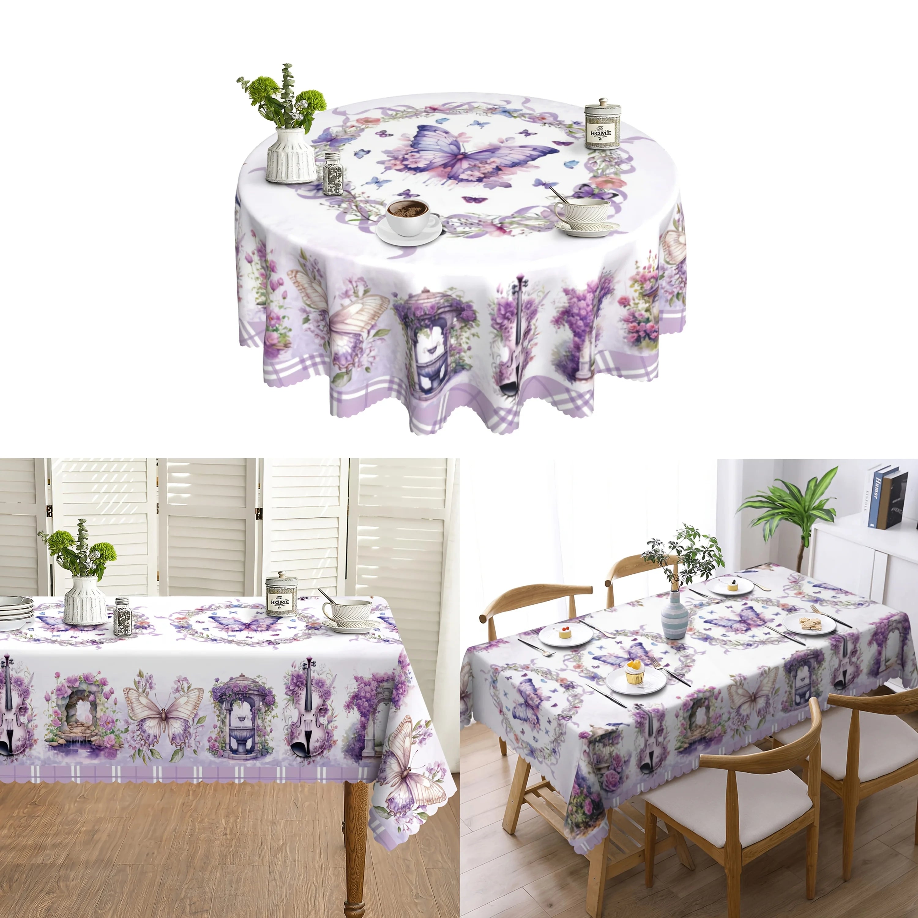 Purple Floral/Butterfly Round Tablecloth