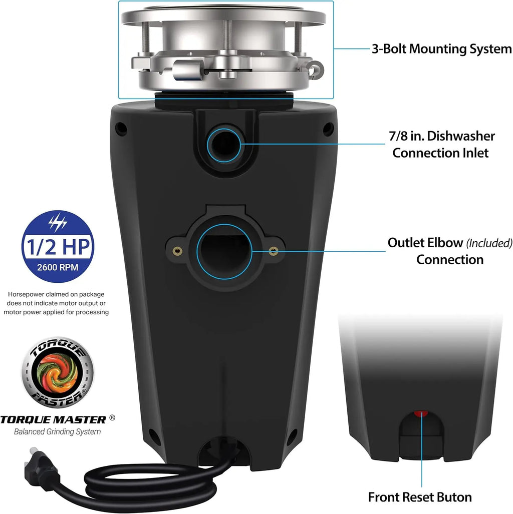 Powerful 1/2 HP Garbage Disposal System with Stainless Steel Components
