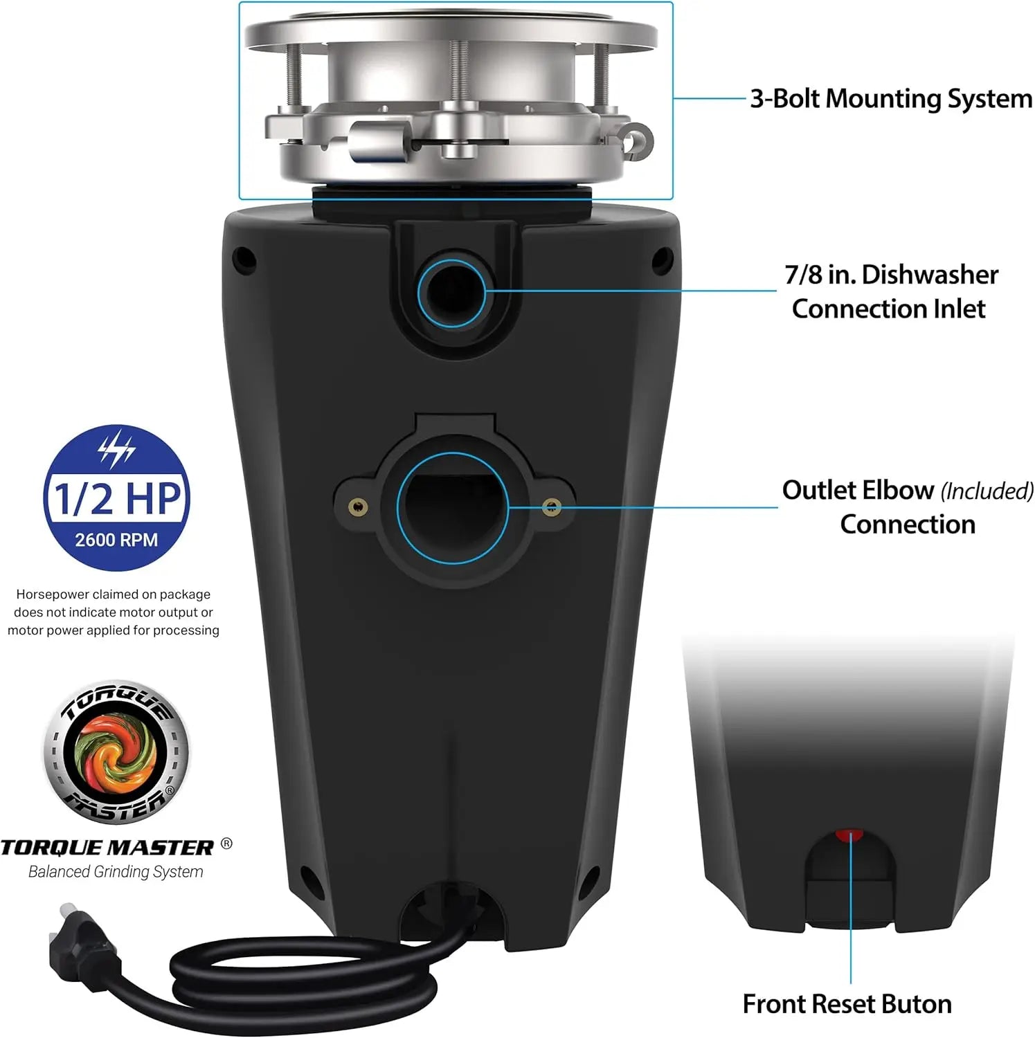 Powerful 1/2 HP Garbage Disposal System with Stainless Steel Components