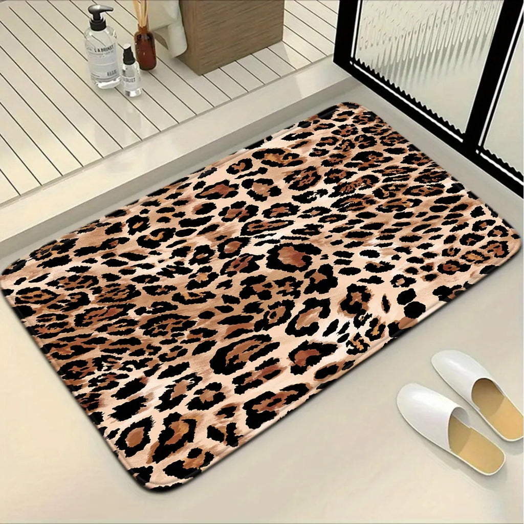 Leopard Pattern Bathroom Mat Set Anti Slip Water Absorbing Quick Drying Shower Room Carpet Toilet Floor Mat